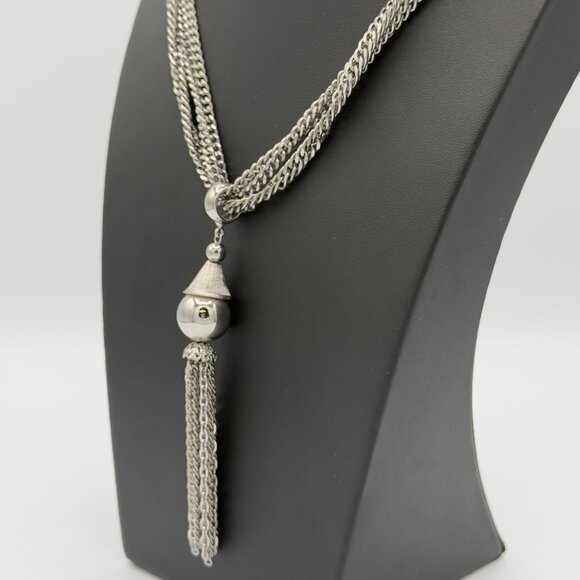 Vintage Silver Tone Tassel Necklace Fringe Pendant - Picture 3 of 9